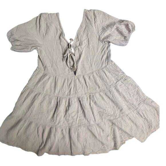 Aerie Cotton Gauze Tiered Mini Dress Tan Beige Puff Sleeve V-Neck Size XL Boho - Picture 8 of 8